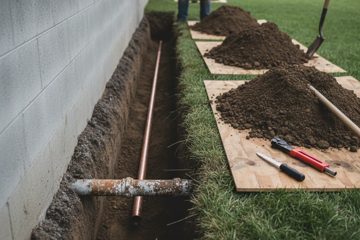 Excavated water line trench during Water Heater Repair in Essex Junction